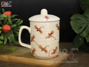 Cốc gốm quay vuông vẽ Chuồn Chuồn, 350ml