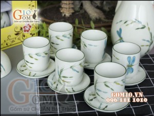 Cốc kèm đĩa kê men kem vẽ Trúc Chuồn chỉ xanh 