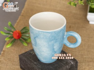 Cốc latte quai tròn men đá màu xanh thiên thanh, 330ml