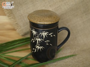 Cốc lọc trà gốm đen khắc trúc, 300ml