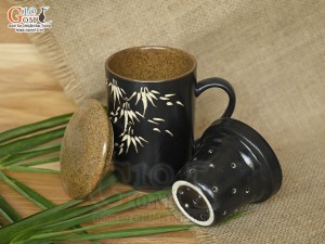 Cốc lọc trà gốm đen khắc trúc, 300ml