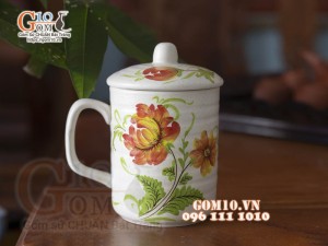 Cốc nắp men gốm vẽ hoa (Nhiều màu), đường kính 8cm