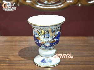 Cốc phật thủ men lam cổ Sen Cát Tường, vẽ vàng 24k, cao 15cm