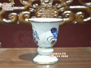 Cốc phật thủ men lam cổ Sen Cát Tường, vẽ vàng 24k, cao 15cm