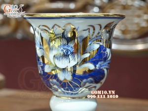 Cốc phật thủ men lam cổ Sen Cát Tường, vẽ vàng 24k, cao 15cm