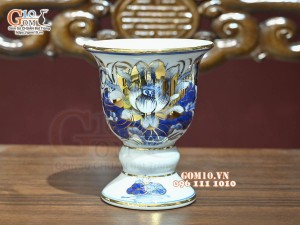 Cốc phật thủ men lam cổ Sen Cát Tường, vẽ vàng 24k, cao 15cm