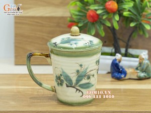 Cốc sứ có nắp men vuốt họa tiết tre xanh, 9cm