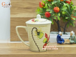 Cốc gốm có nắp men vuốt họa tiết hoa sen, 9cm