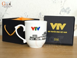 Cốc sứ dáng chóp lửa men trắng cảnh Hà Nội, in logo VTV, 400ml