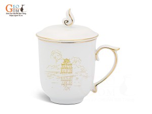 Cốc sứ dáng chóp lửa men trắng cảnh Tháp Rùa kẻ chỉ vàng kim, in logo VTV, 400ml