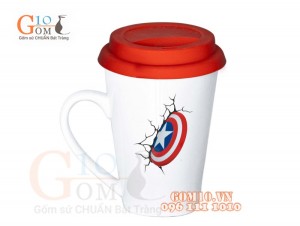Cốc sứ dáng vát men trắng nắp silicon, in hình Captain 400ml
