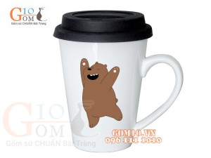 Cốc sứ dáng vát men trắng nắp silicon, in hình Gấu nâu hoạt hình , 400ml