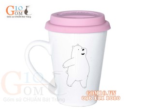 Cốc sứ dáng vát men trắng nắp silicon, in hình Gấu trắng , 400ml