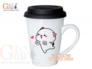 Cốc sứ dáng vát men trắng nắp silicon, in hình Mèo đáng yêu, 400ml