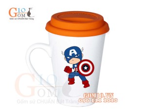 Cốc sứ dáng vát men trắng nắp silicon, in hình Captain America 400ml
