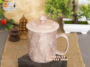 Cốc sứ quai tròn có nắp men đá, màu hồng đất, 350ml