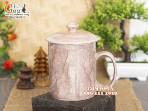 Cốc sứ quai tròn có nắp men đá, màu hồng đất, 350ml