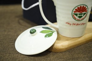 Cốc sứ men kem vẽ Ngò Gai có nắp, in logo