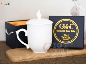 Cốc sứ men trắng dáng chóp lửa có nắp, 400ml