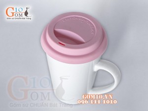 Cốc sứ men trắng dáng vát cao, nắp silicon, 400ml
