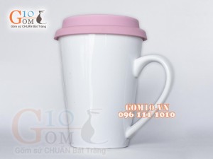 Cốc sứ men trắng dáng vát cao, nắp silicon, 400ml