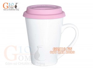 Cốc sứ men trắng dáng vát cao, nắp silicon, 400ml