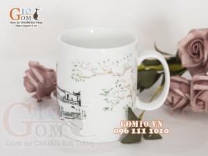 Cốc sứ men trắng họa tiết Văn Miếu Quốc Tử Giám Hà Nội