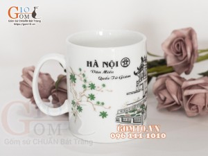 Cốc sứ men trắng họa tiết Văn Miếu Quốc Tử Giám Hà Nội