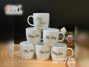 Cốc sứ quai tròn men trắng dáng thấp, in logo quà tặng