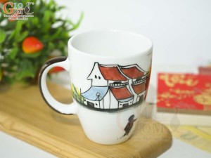 Cốc sứ men trắng vẽ cảnh Phố Cổ Hà Nội, 280ml