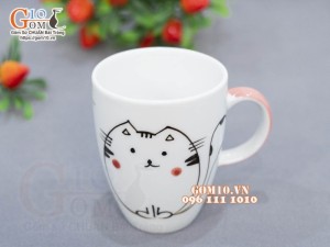 Cốc sứ men trắng vẽ mèo chỉ hồng, 280ml