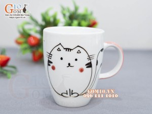 Cốc sứ men trắng vẽ mèo chỉ hồng, 280ml