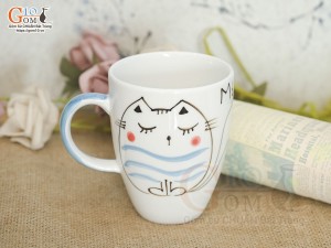 Cốc sứ men trắng vẽ Mèo Ú chỉ xanh, 280ml