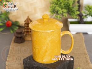 Cốc sứ quai tròn có nắp men đá, màu cam 350ml