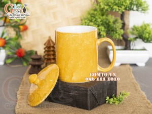 Cốc sứ quai tròn có nắp men đá, màu cam 350ml