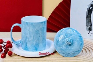 Cốc sứ quai tròn có nắp men đá, màu xanh nước biển 350ml