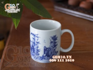 Cốc sứ quai tròn men trắng họa tiết Trúc Lâm Thất Hiền, đường kính 8cm
