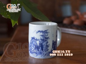 Cốc sứ quai tròn men trắng họa tiết Trúc Lâm Thất Hiền, đường kính 8cm