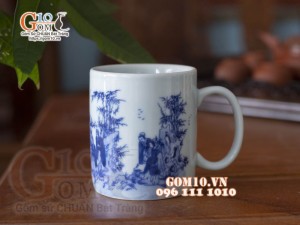 Cốc sứ quai tròn men trắng họa tiết Trúc Lâm Thất Hiền, đường kính 8cm