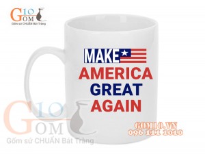 Cốc sứ quai tròn men trắng, in chữ America, 350ml