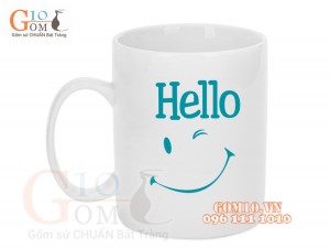 Cốc sứ quai tròn men trắng, in chữ HELLO, 350ml
