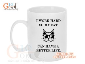 Cốc sứ quai tròn men trắng, in chữ MY CAT, 350ml