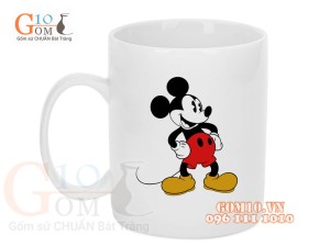 Cốc sứ quai tròn men trắng, in hình Chuột Mickey, 350ml