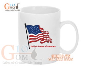 Cốc sứ quai tròn men trắng, in hình cờ Mỹ 350ml