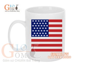 Cốc sứ quai tròn men trắng, in hình cờ Mỹ 350ml