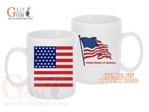 Cốc sứ quai tròn men trắng, in hình cờ Mỹ 350ml