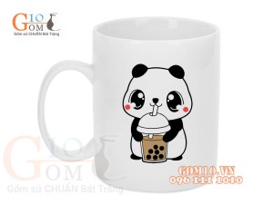 Cốc sứ quai tròn men trắng, in hình Gấu Panda uống trà sữa, 350ml