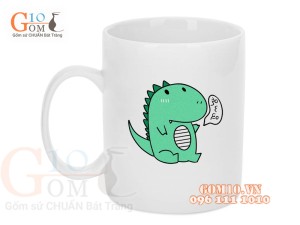 Cốc sứ quai tròn men trắng, in hình Khủng Long, 350ml
