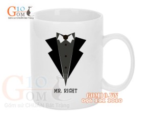 Cốc sứ quai tròn men trắng, in hình MR RIGHT, 350ml