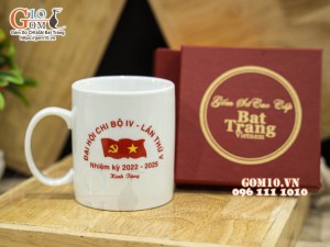 Cốc sứ quai tròn men trắng, in logo quà tặng